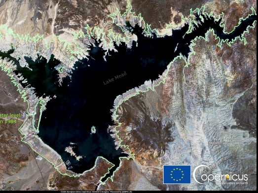 A satellite image captured by the Copernicus Sentinel-2 satellite of Lake Mead in Nevada, including an outline in green of the lake’s level in 1984.