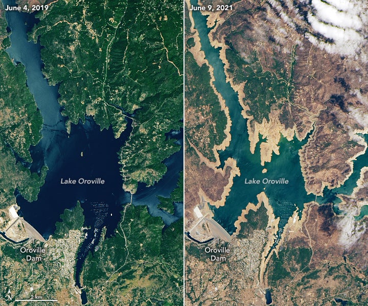 Lake Oroville has seen its water level drop 58 meters between June 2019 and June 2021.