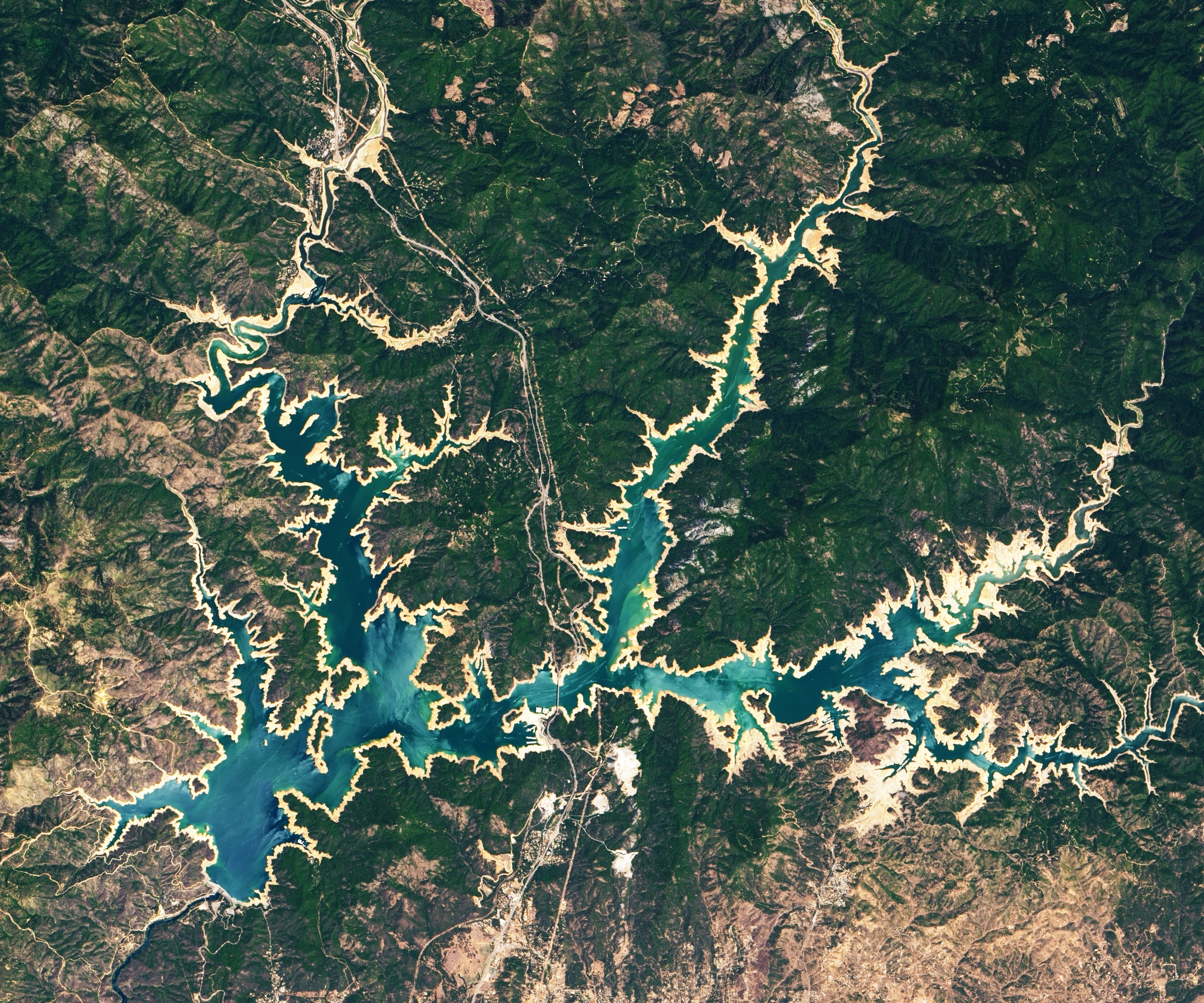 Shasta Lake in California, pictured in 2021 with a depleted water level.