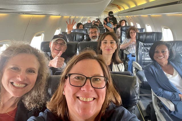 <p>Texas Democrat Julie Johnson takes selfie picture of lawmakers leaving state for Washington DC on chartered jet</p>