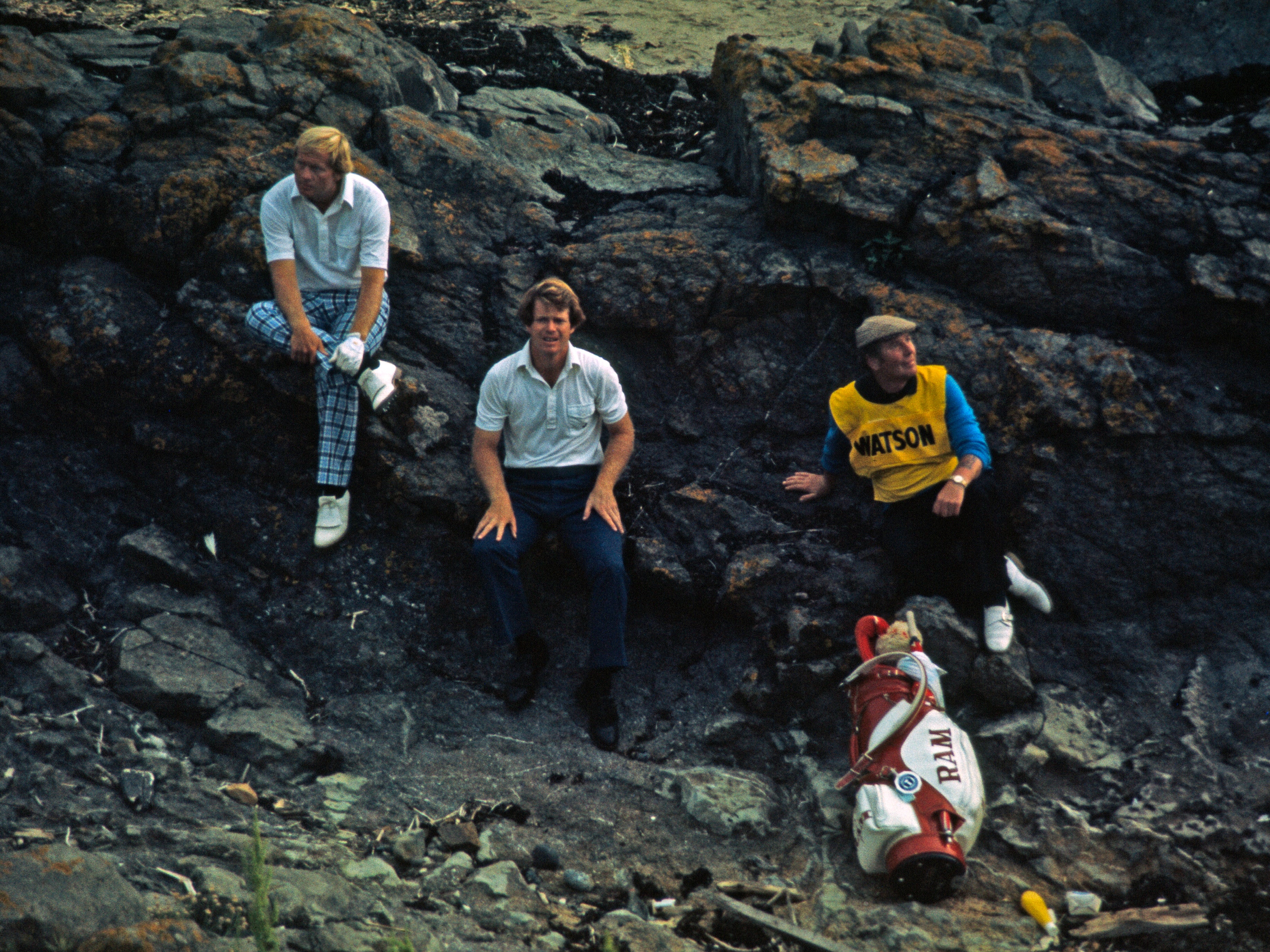 Jack Nicklaus and Tom Watson shelter from a storm on the final day of the British Open held at Turnberry Golf Club on July 9 1977 in Ayr, Scotland.