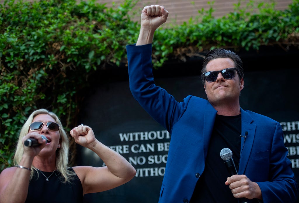 Gaetz and Greene hold sidewalk protest after venues cancel their ‘America First’ rally