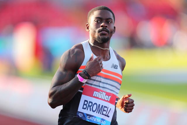 <p>Trayvon Bromell of the USA wins in the men's 100m during the Muller British Grand Prix at Gateshead International Stadium on 13 July 2021 in Gateshead, England</p>