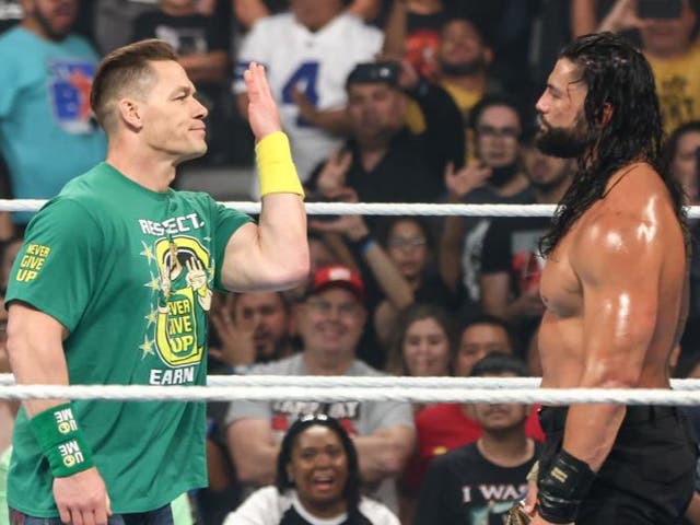 <p>John Cena confronts Roman Reigns at Money in the Bank</p>