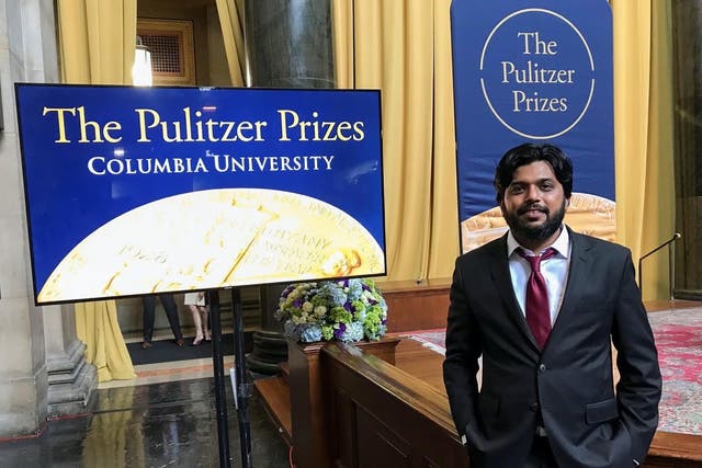 <p>Danish Siddiqui, a Reuters photographer based in India, poses for a picture at Columbia University’s Low Memorial Library during the Pulitzer Prize giving ceremony, in New York</p>