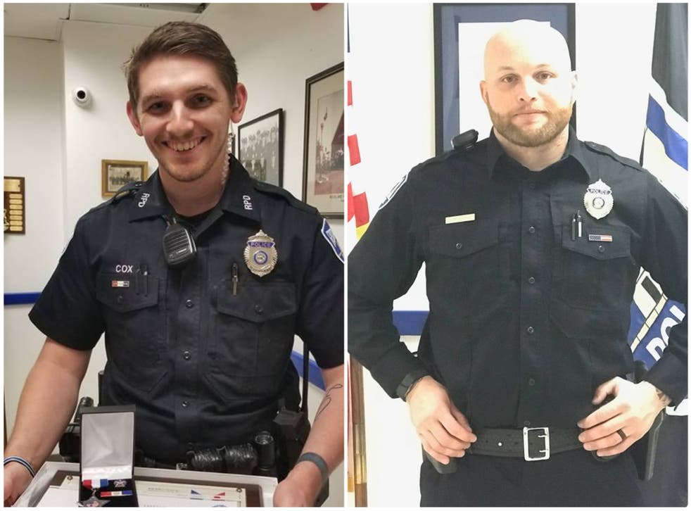 <p>From left: Addison Cox, 28, and Mike Rolerson, 31, both of whom were fired from Rockland Maine Police Department after news of their animal cruelty emerged</p>
