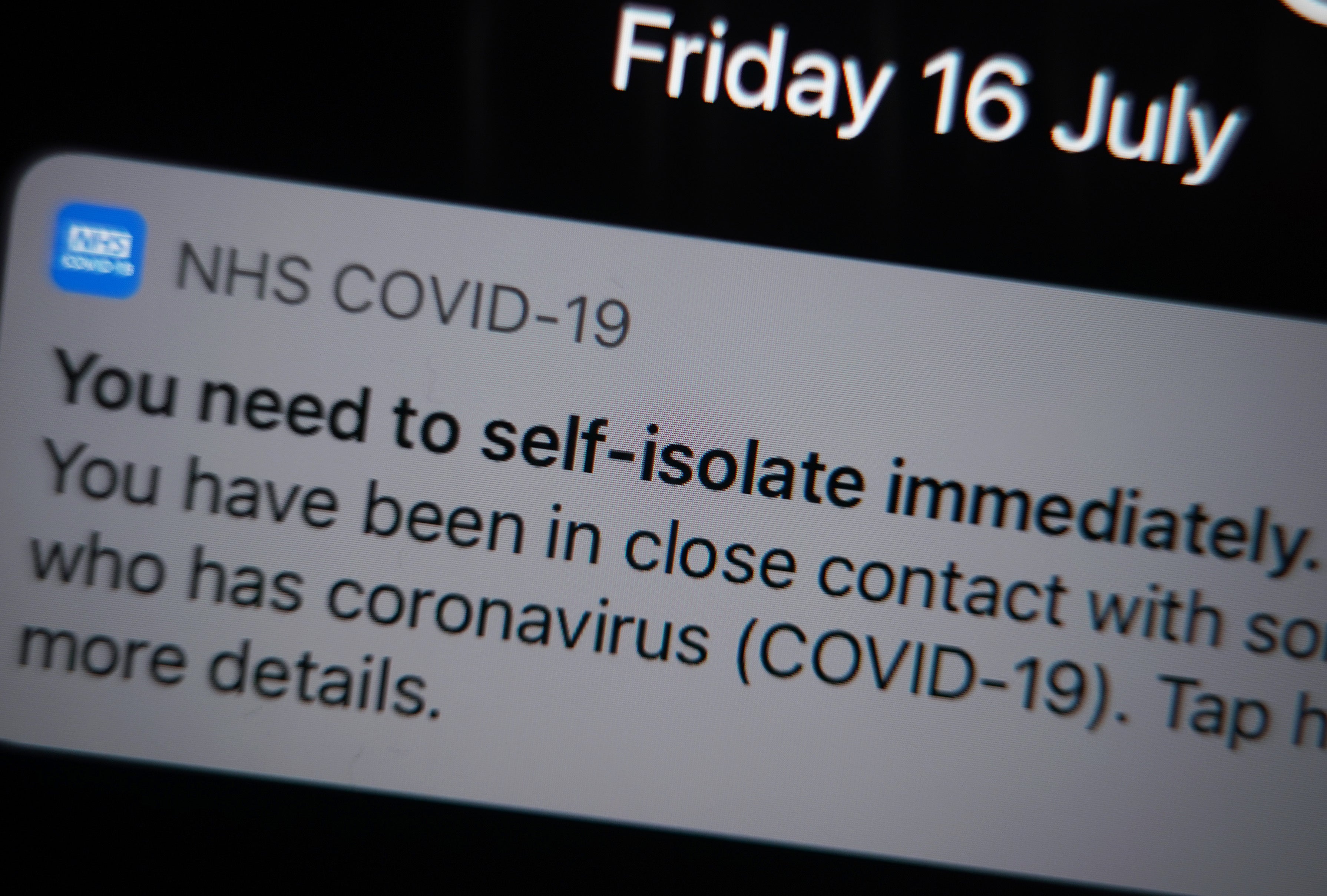 A self-isolate message on the NHS Covid-19 app