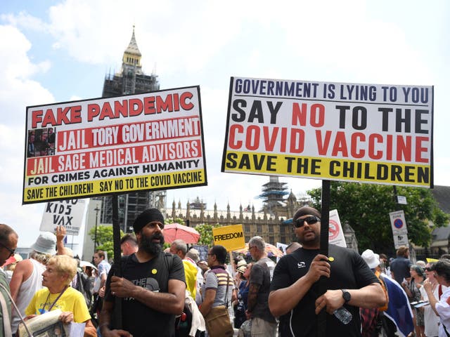 <p>An anti-vax protest in London in July </p>