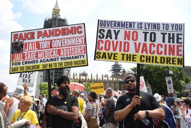 <p>An anti-vax protest in London in July </p>