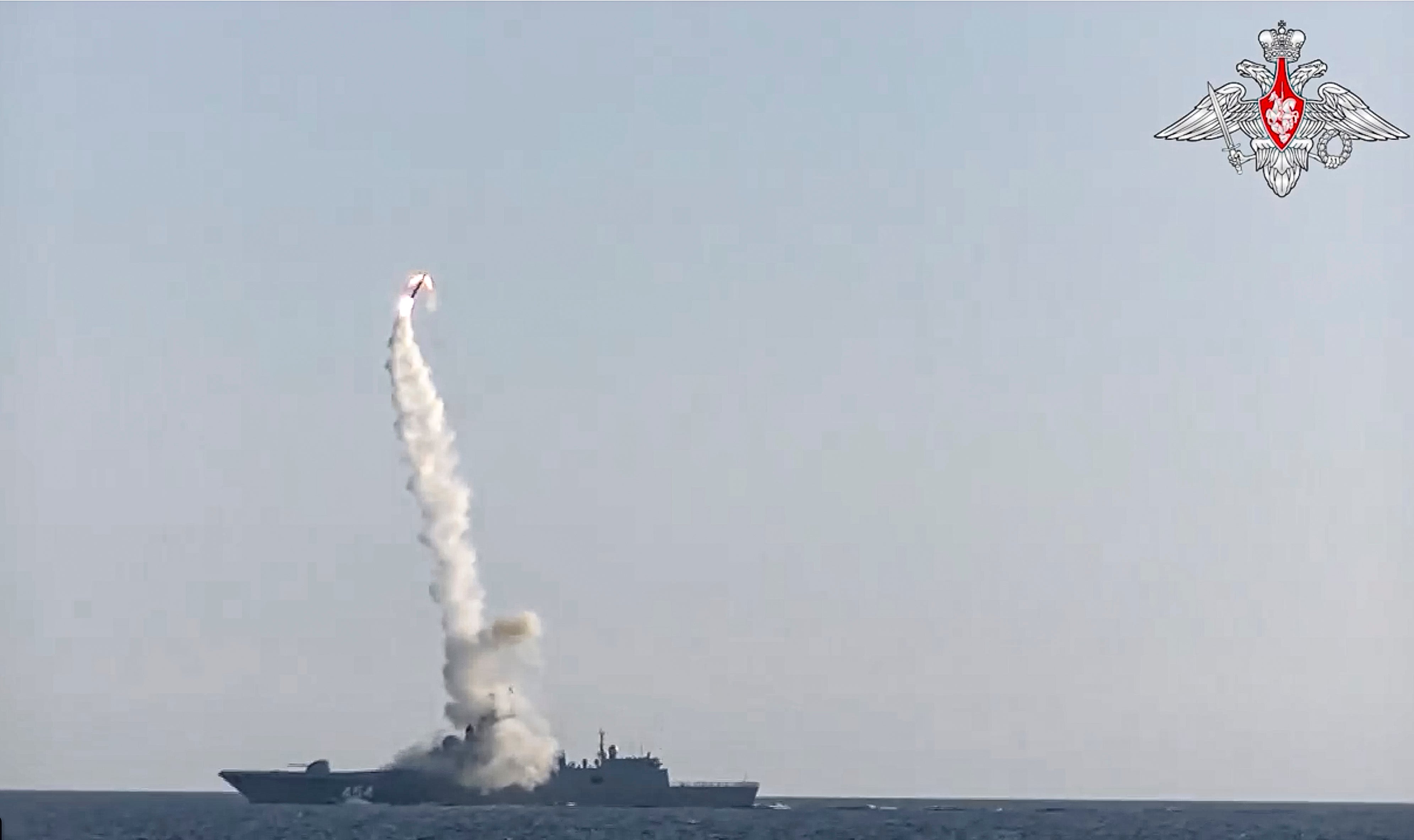 A new Zircon hypersonic cruise missile is launched by the frigate Admiral Gorshkov by the Russian navy from the White Sea