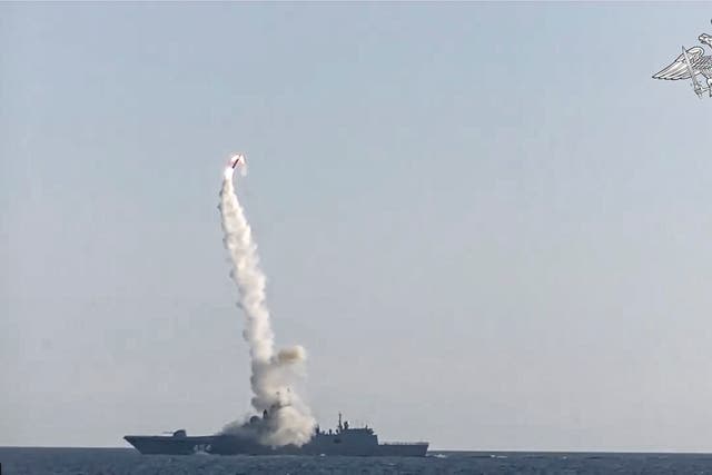 <p>A new Zircon hypersonic cruise missile is launched by the frigate Admiral Gorshkov by the Russian navy from the White Sea</p>