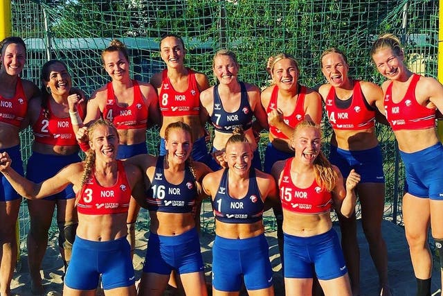 <p>The Norwegian squad pose in their ‘offending’ shorts</p>