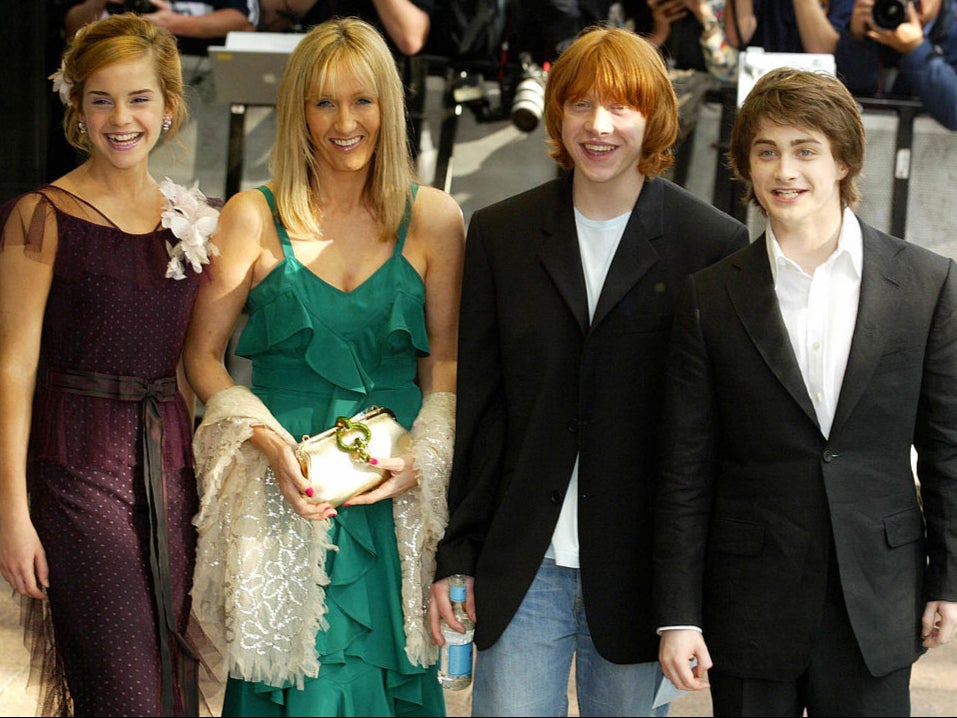 Harry Potter stars Daniel Radcliffe, Emma Watson and Ruper Grint, with author JK Rowling