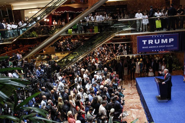 <p>Donald Trump announces his bid for the presidency in the 2016 presidential race during an event at the Trump Tower on the Fifth Avenue in New York City on June 16, 2015. </p>