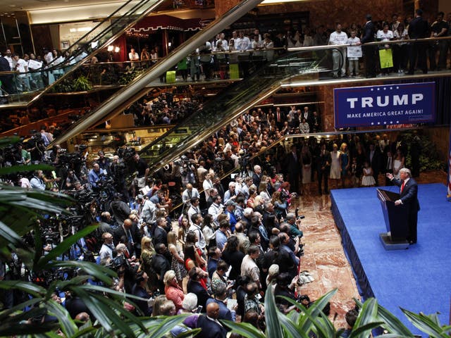 <p>Donald Trump announces his bid for the presidency in the 2016 presidential race during an event at the Trump Tower on the Fifth Avenue in New York City on June 16, 2015. </p>