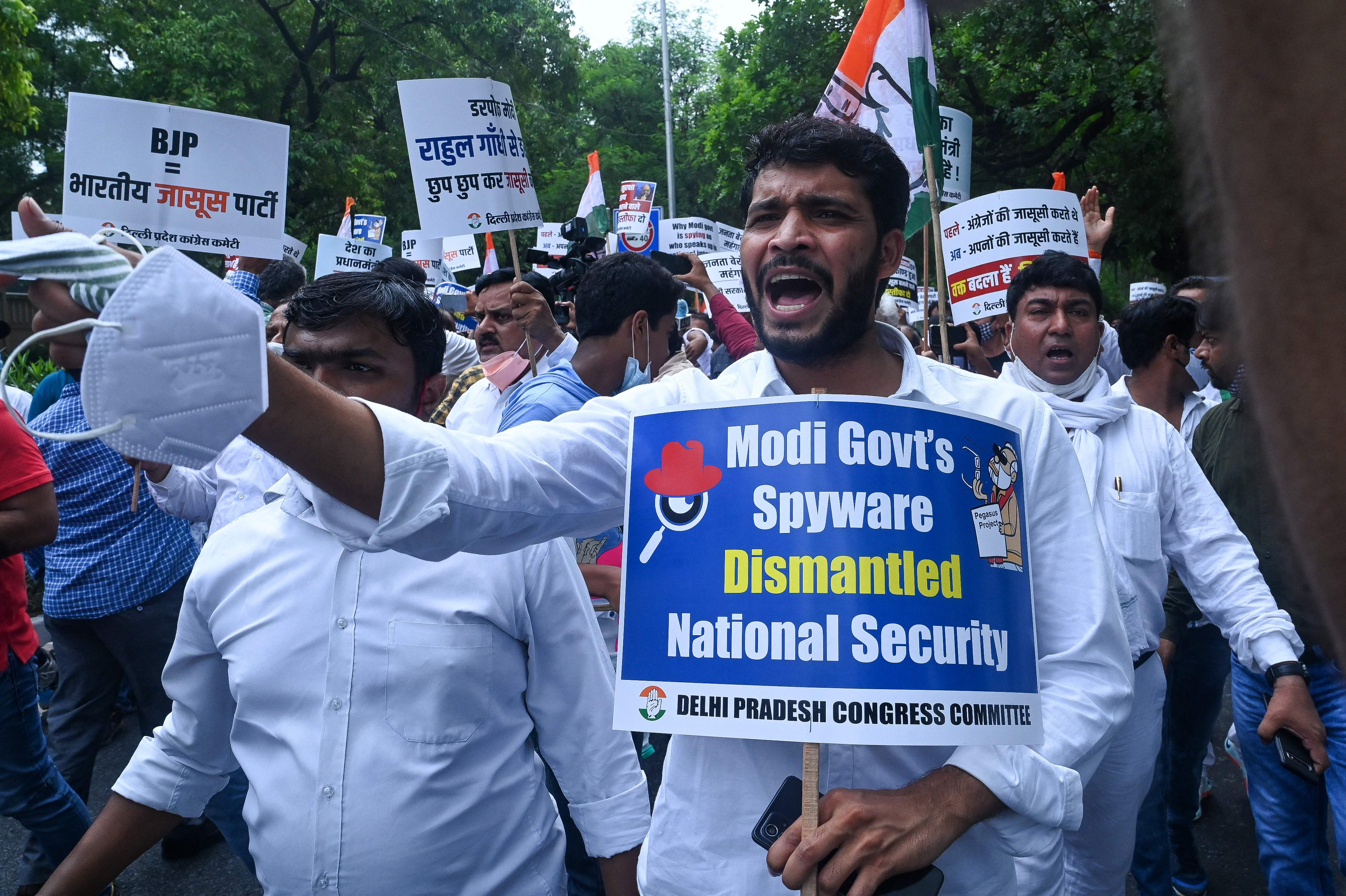 Protesters in India demonstrate against the Modi government’s alleged involvement in surveillance operations using the Pegasus spyware