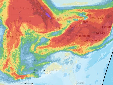 A National Oceanic and Atmospheric Administration map showing vertically integrated smoke originating from wildfires wafting over the central and eastern US.