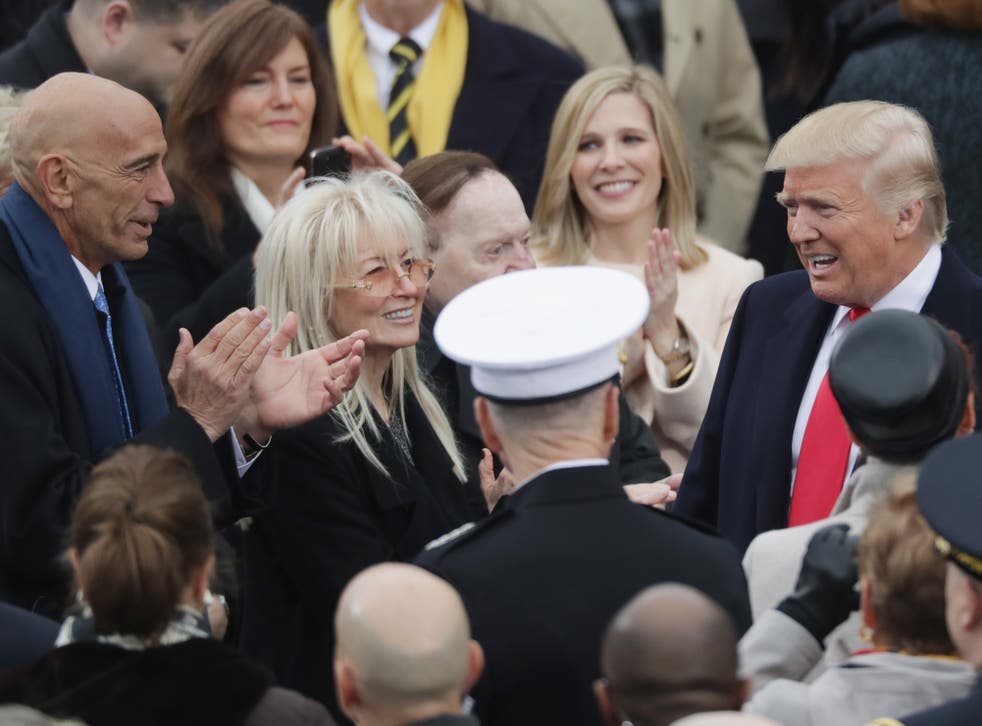 <p>Thomas Barrack, left, with Miriam and Sheldon Adelson, greet Donald Trump in front of the US Capitol on the day of his inauguration as president, on 20 January, 2017</p>