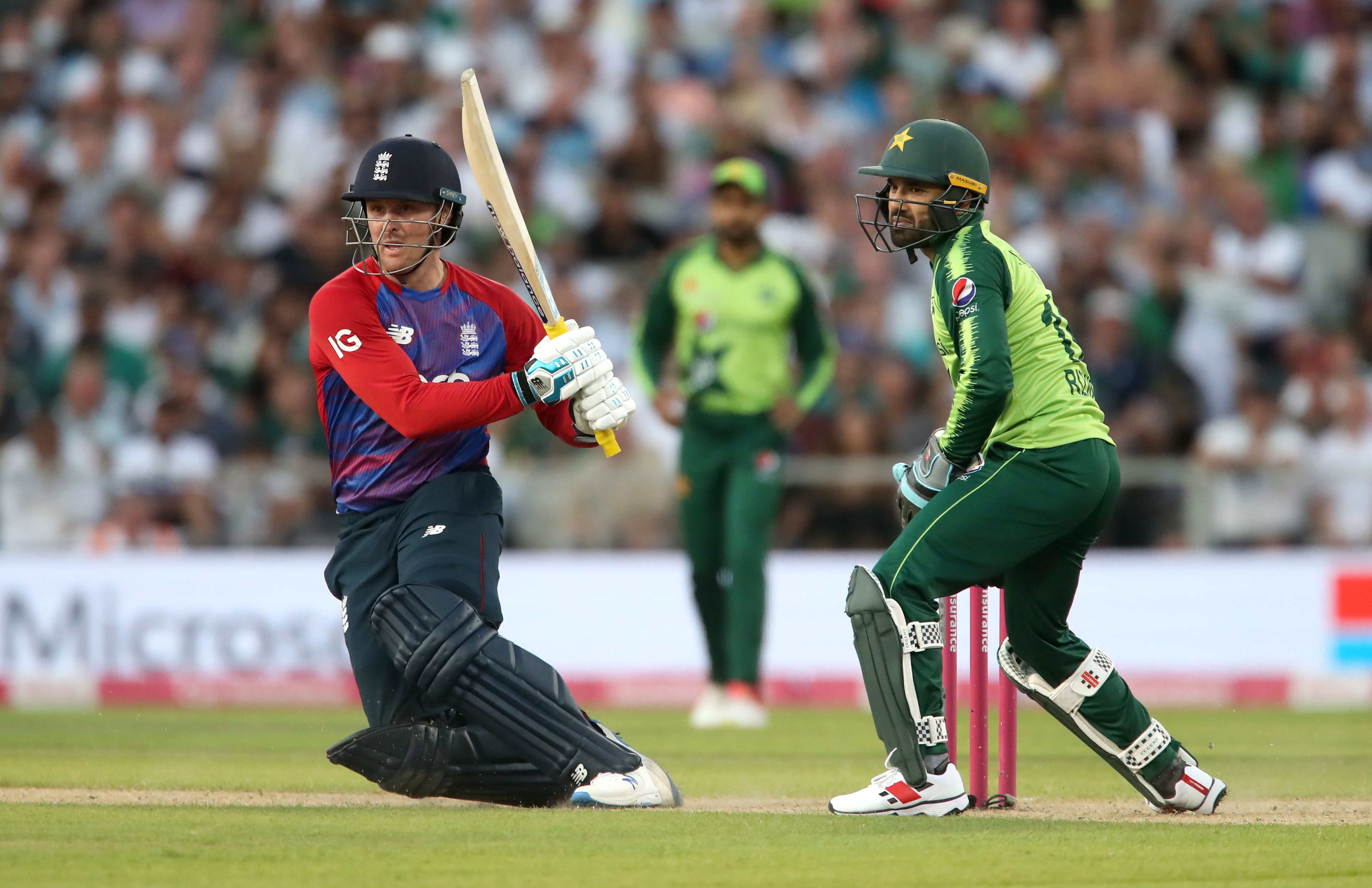 Jason Roy, left, brings up his half-century against Pakistan