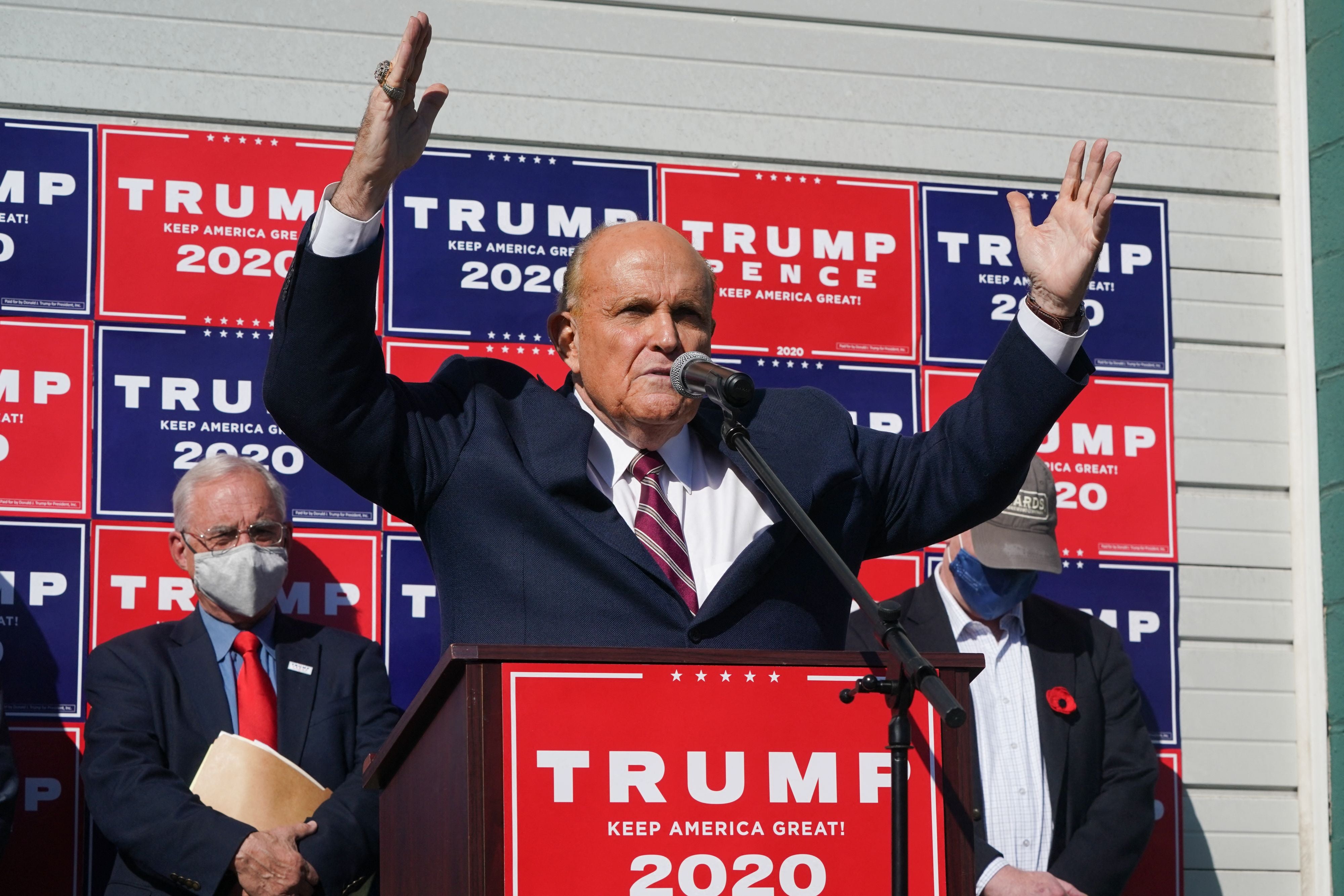 Rudy Giuliani, speaks at a news conference in the parking lot of a landscaping company in Philadelphia in November 2020