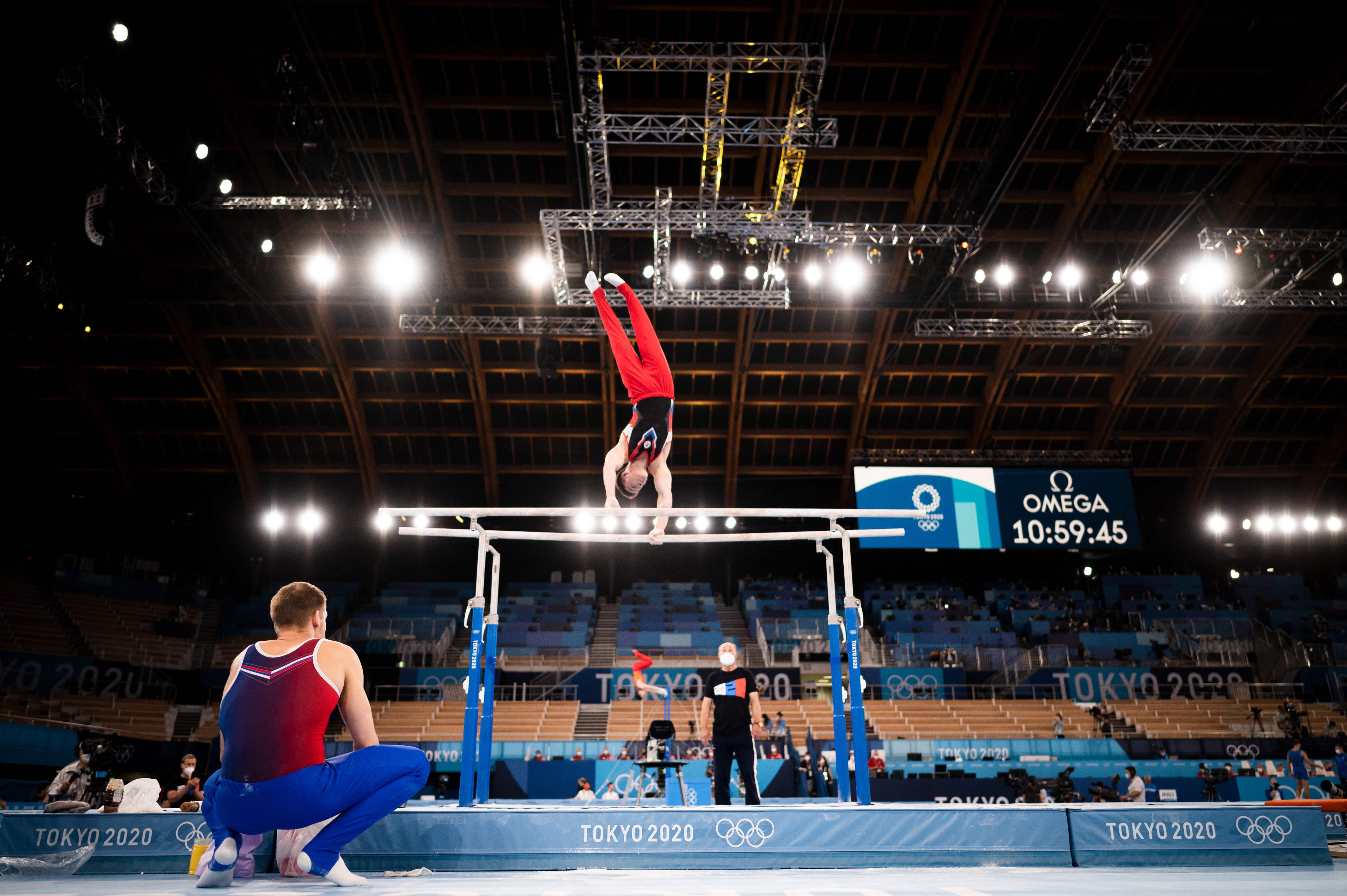 A Russian gymnast takes part in a training session at the Ariake Gymnastics Centre in Tokyo