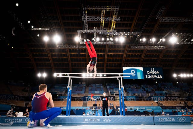 <p>A Russian gymnast takes part in a training session at the Ariake Gymnastics Centre in Tokyo</p>