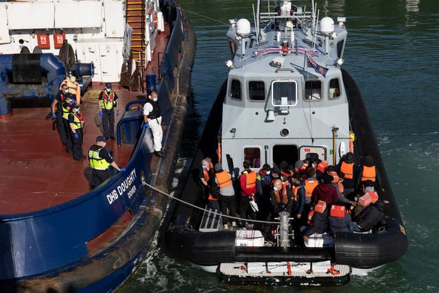 <p>A border force vessel carries newly arrived migrants after being picked up in a dinghy in the English Channel on 9 June  in Dover. More than 500 migrants arrived in the final week of May, according to the UK Home Office</p>