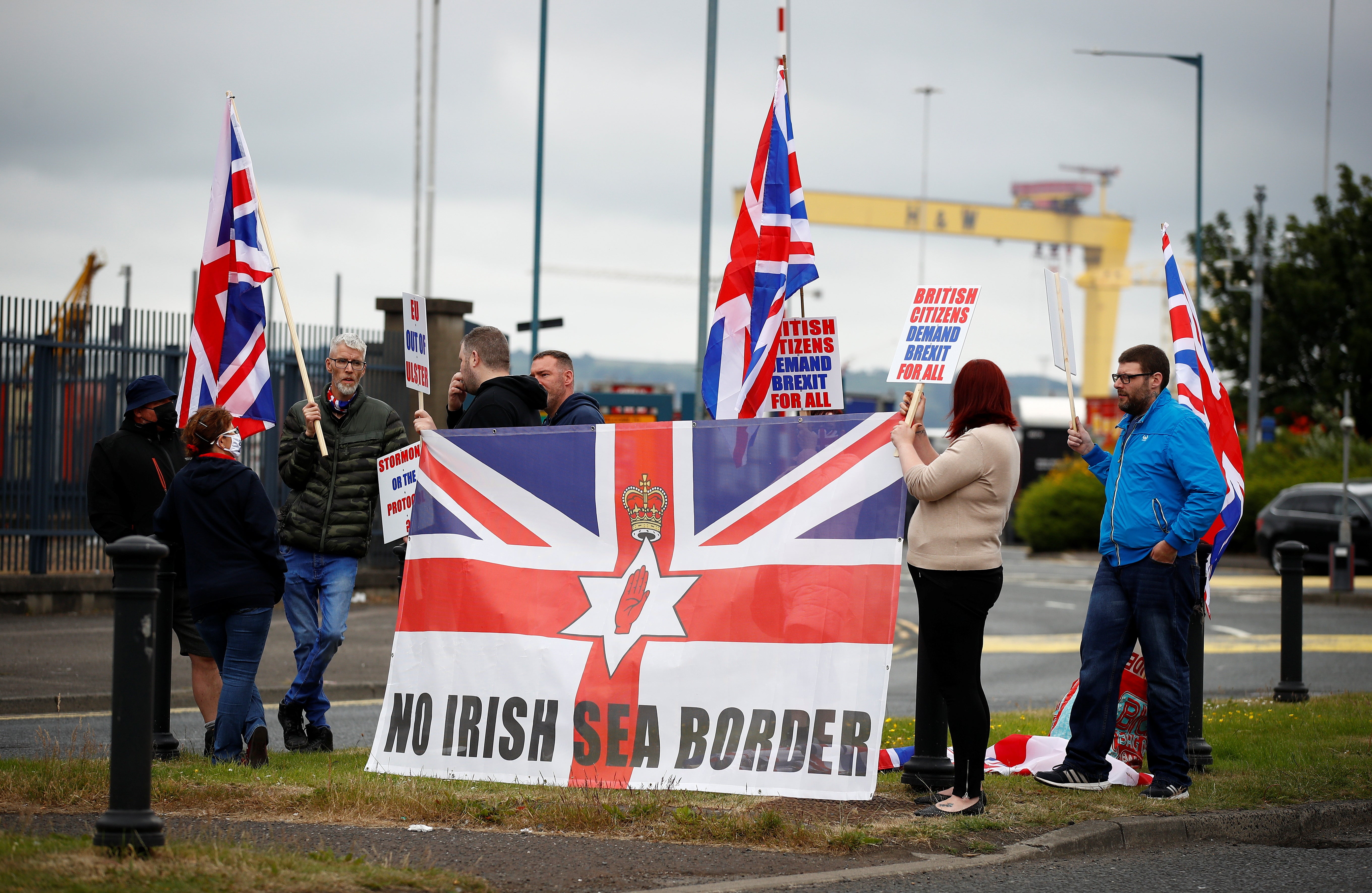 Loyalists protest against the Northern Ireland Brexit protocol at Belfast Harbour Estate