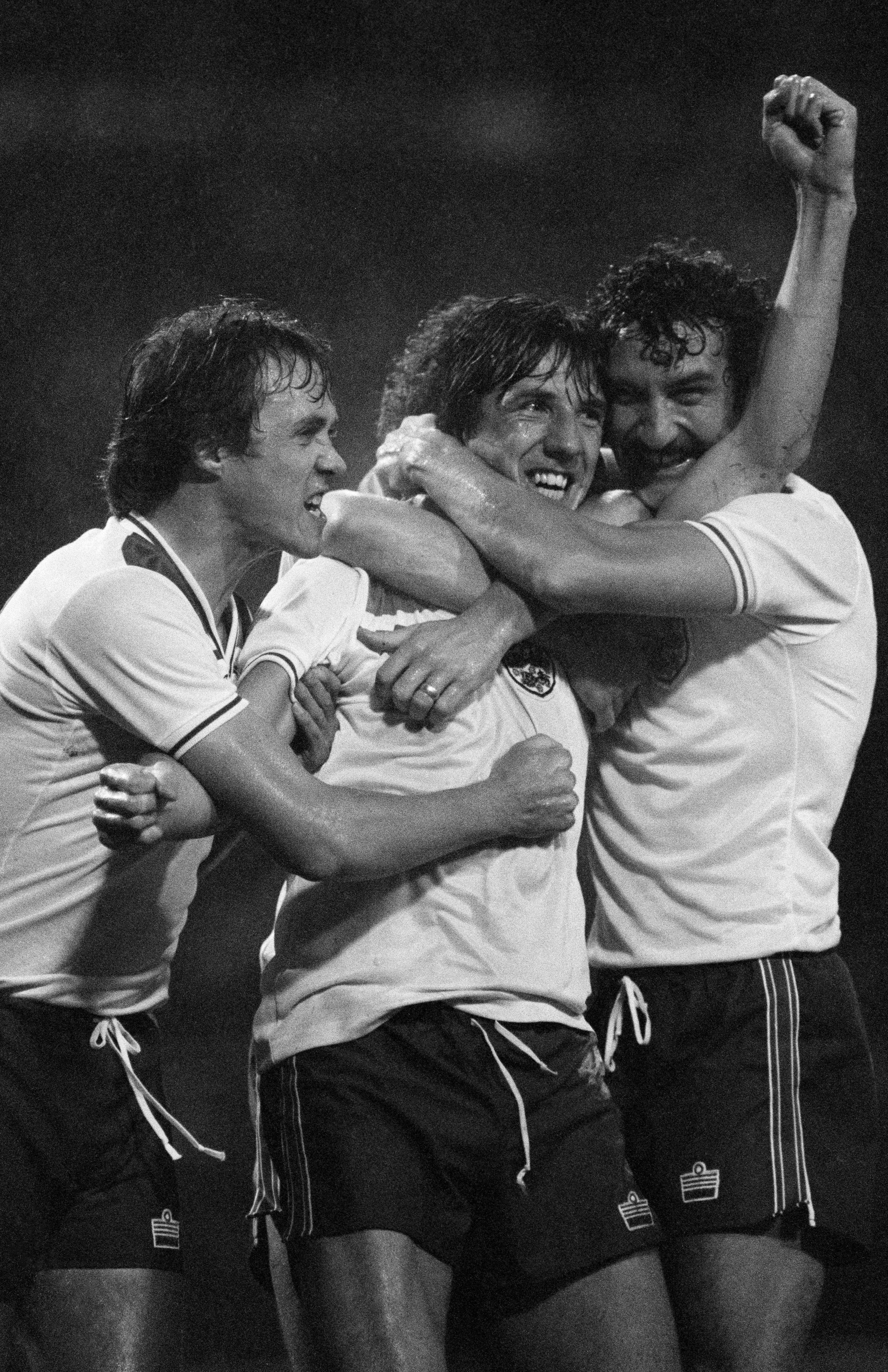 Mariner (centre) celebrates with Phil Neal and Terry McDermott after scoring England’s winner against Hungary during the World Cup qualifier at Wembley in November 1981