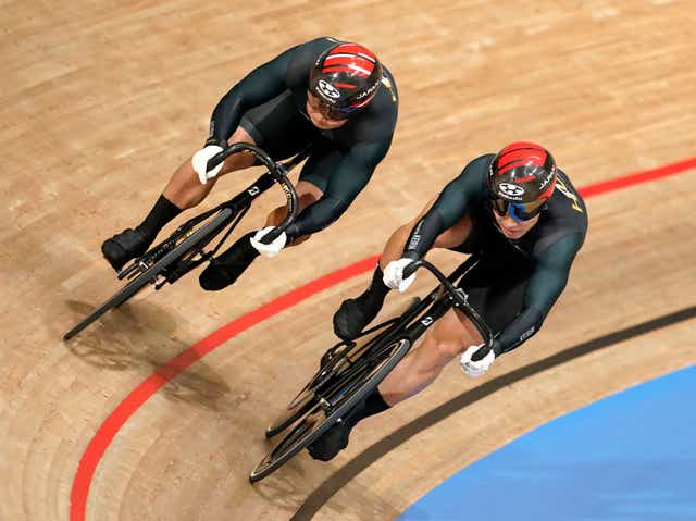 <p>IZU, JAPAN - APRIL 25: Yudai Nitta (R) of Japan and Tomohiro Fukaya of Japan compete in Men's Team Sprint Finals during the Cycling (Track) Olympic Test Event at the Izu Velodrome on April 25, 2021 in Izu, Shizuoka, Japan. (Photo by Toru Hanai/Getty Images)</p>