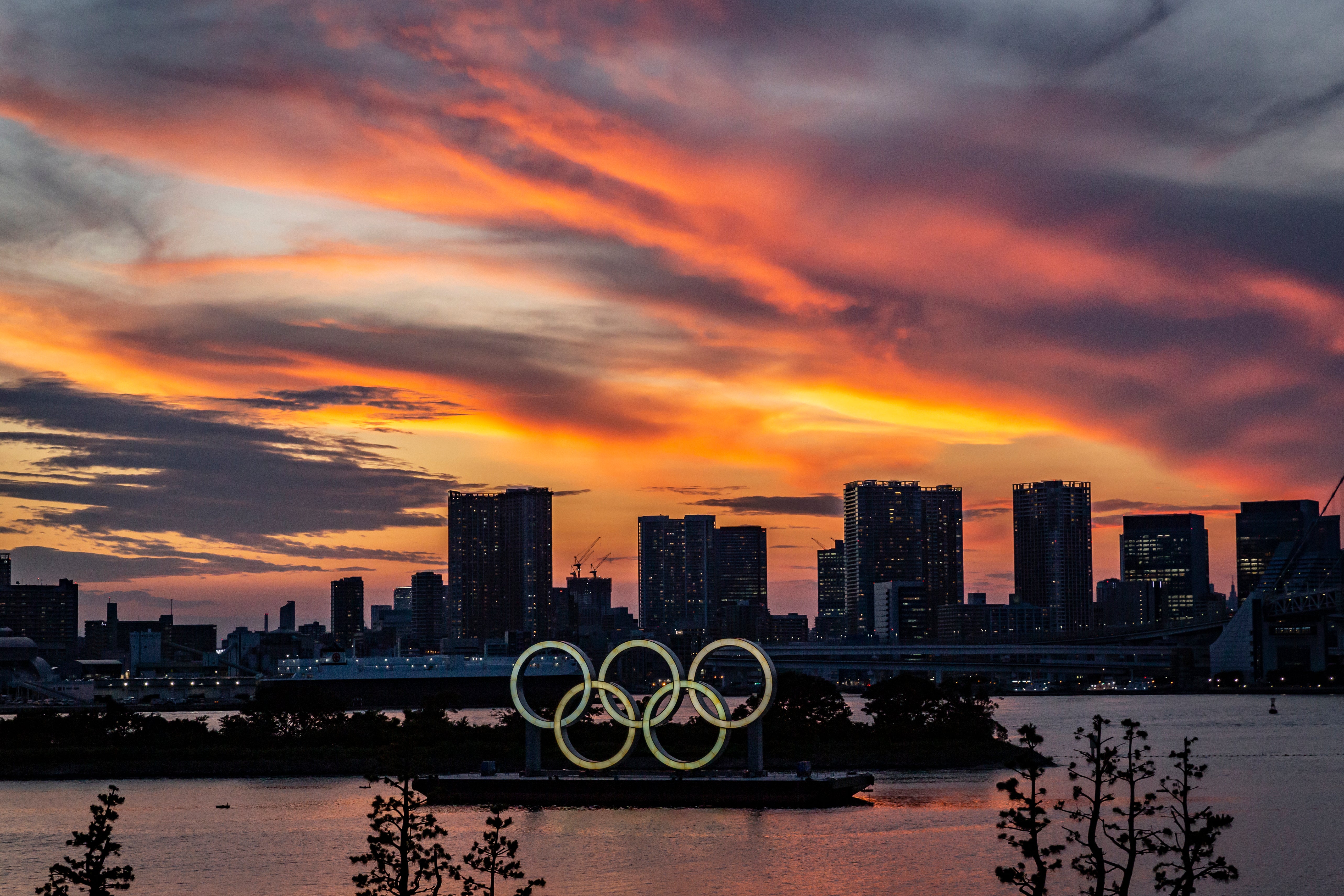 The Olympic rings at sunset in Tokyo