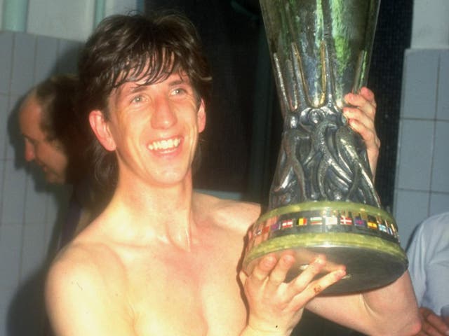 <p>Mariner holds the Uefa Cup in Amsterdam’s  Olympic Stadium in May 1981. Ipswich lost 4-2 on the night, but beat AZ 67 (Alkmaar) 5-4 on aggregate</p>
