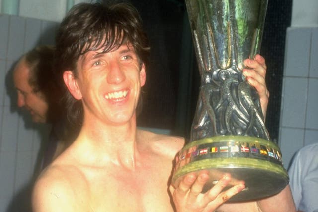 <p>Mariner holds the Uefa Cup in Amsterdam’s  Olympic Stadium in May 1981. Ipswich lost 4-2 on the night, but beat AZ 67 (Alkmaar) 5-4 on aggregate</p>