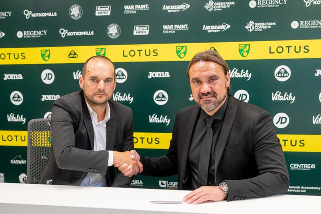 <p>Norwich head coach Daniel Farke has signed a new contract at the club, pictured on right, alongside sporting director Stuart Webber</p>