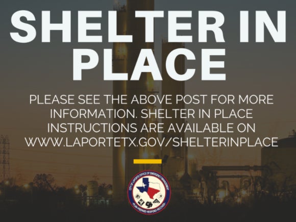 A “shelter in place” warning issued by authorities in Texas following an incident at a Dow Chemical plant in La Porte.