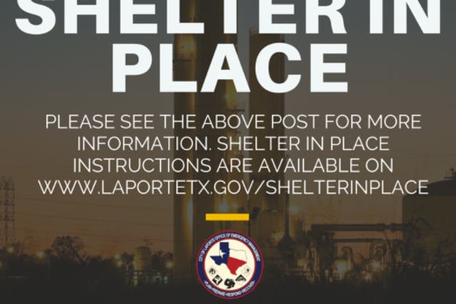 <p>A “shelter in place” warning issued by authorities in Texas following an incident at a Dow Chemical plant in La Porte.</p>