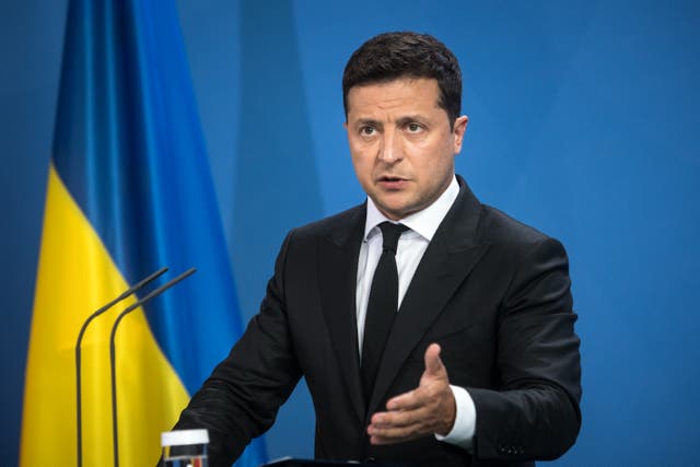 <p>Ukrainian President Volodymyr Zelensky and the German Chancellor (not pictured) give statements ahead of talks at the Chancellery on 12 July 2021 in Berlin , Germany. </p>
