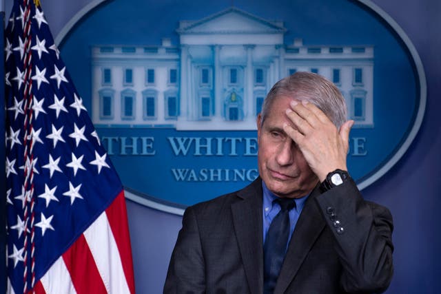 <p>Director of the US National Institute of Allergy and Infectious Diseases Anthony Fauci listens to a question regarding a pause in the issuing of the Johnson & Johnson Janssen Covid-19 vaccine during a press briefing at the White House April 13, 2021, in Washington, DC</p>