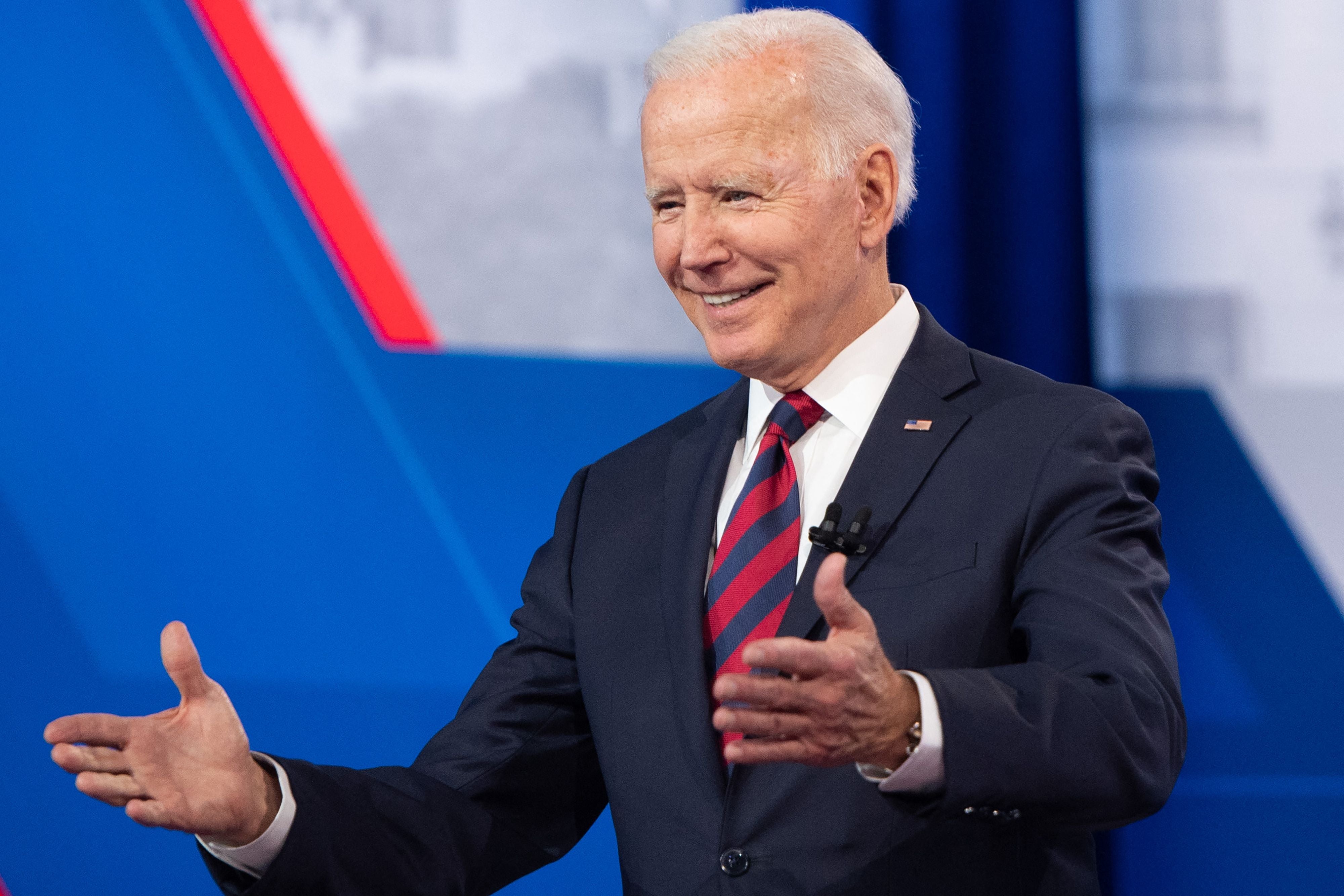 <p>US president Joe Biden participates in a town hall meet at Mount St Joseph University in Cincinnati, Ohio on 21 July 2021</p>