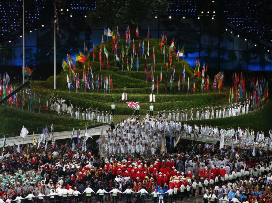 Athletes and the flags of the nations they represent during the Opening Ceremony of the London 2012 Olympic Games