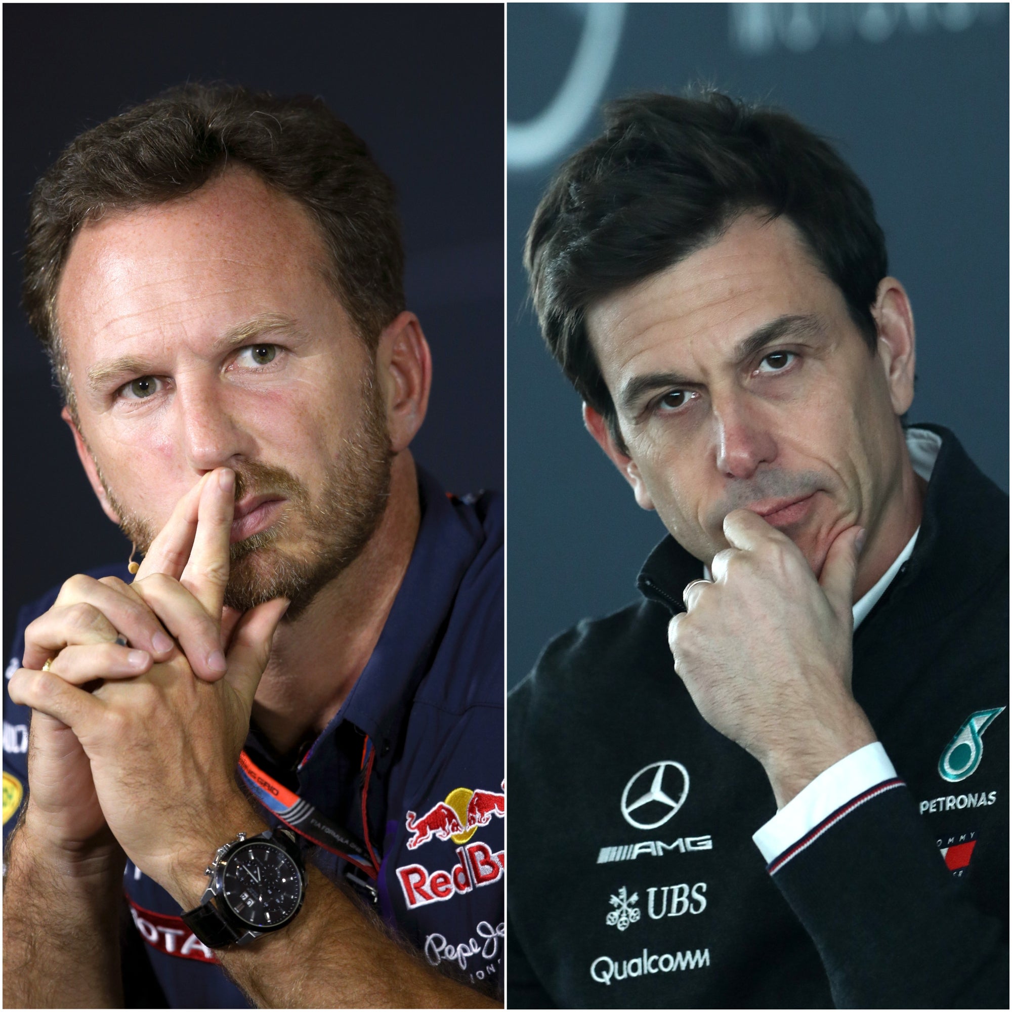 Christian Horner, left, and Toto Wolff, right, visited the stewards after Lewis Hamilton’s crash with Max Verstappen (David Davies/Tim Goode/PA)