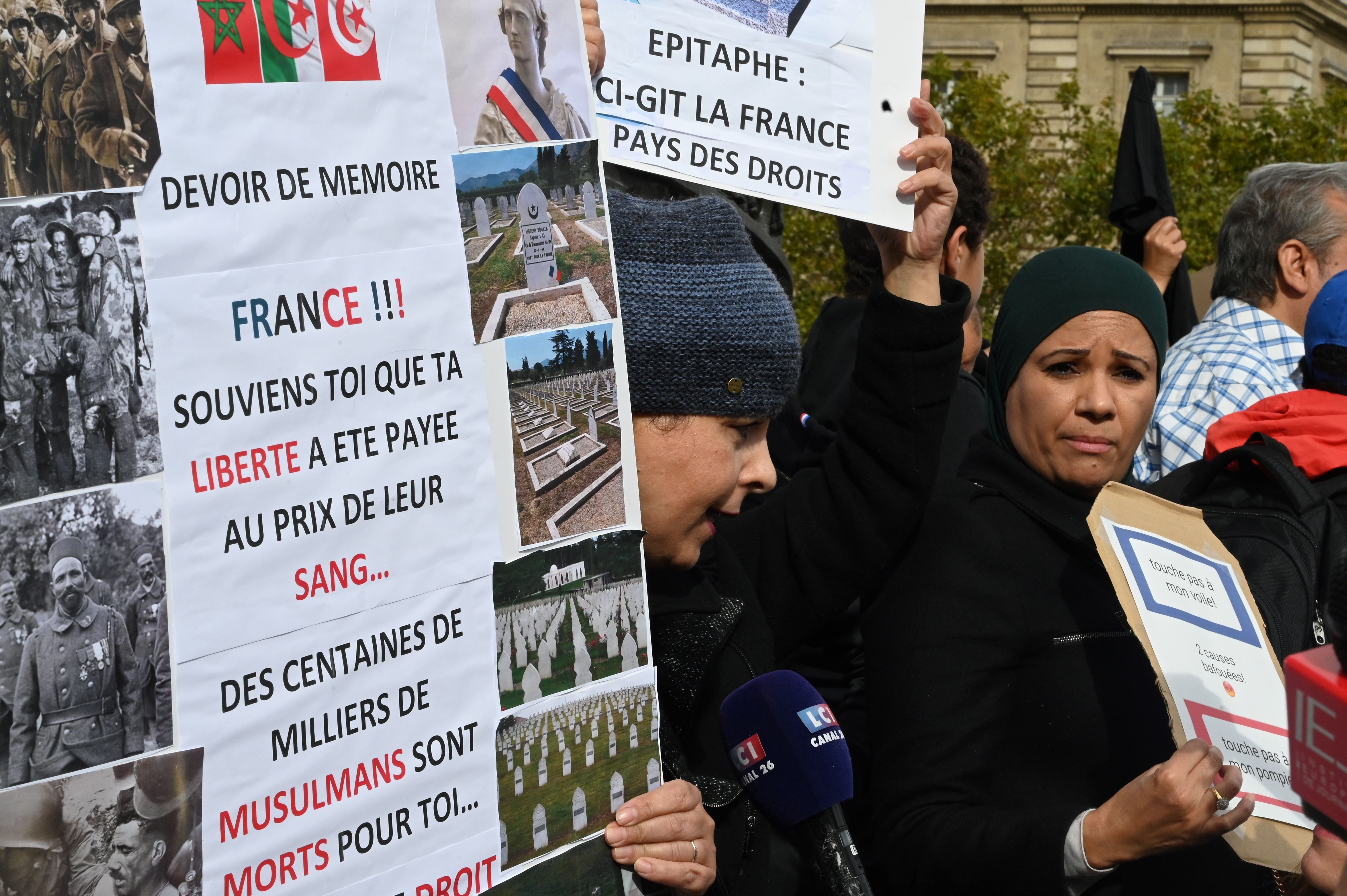 Muslim women demonstrate in Paris in 2019 after a far-right politician asked a woman accompanying her son and other children on a school trip to remove her headscarf. The right to wear the hijab is now an issue for pupils at a school in south India