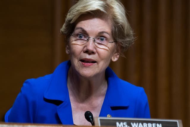 <p>Senator Elizabeth Warren questions IRS Commissioner Charles Rettig during a Senate Finance Committee hearing 8 June 2021</p>