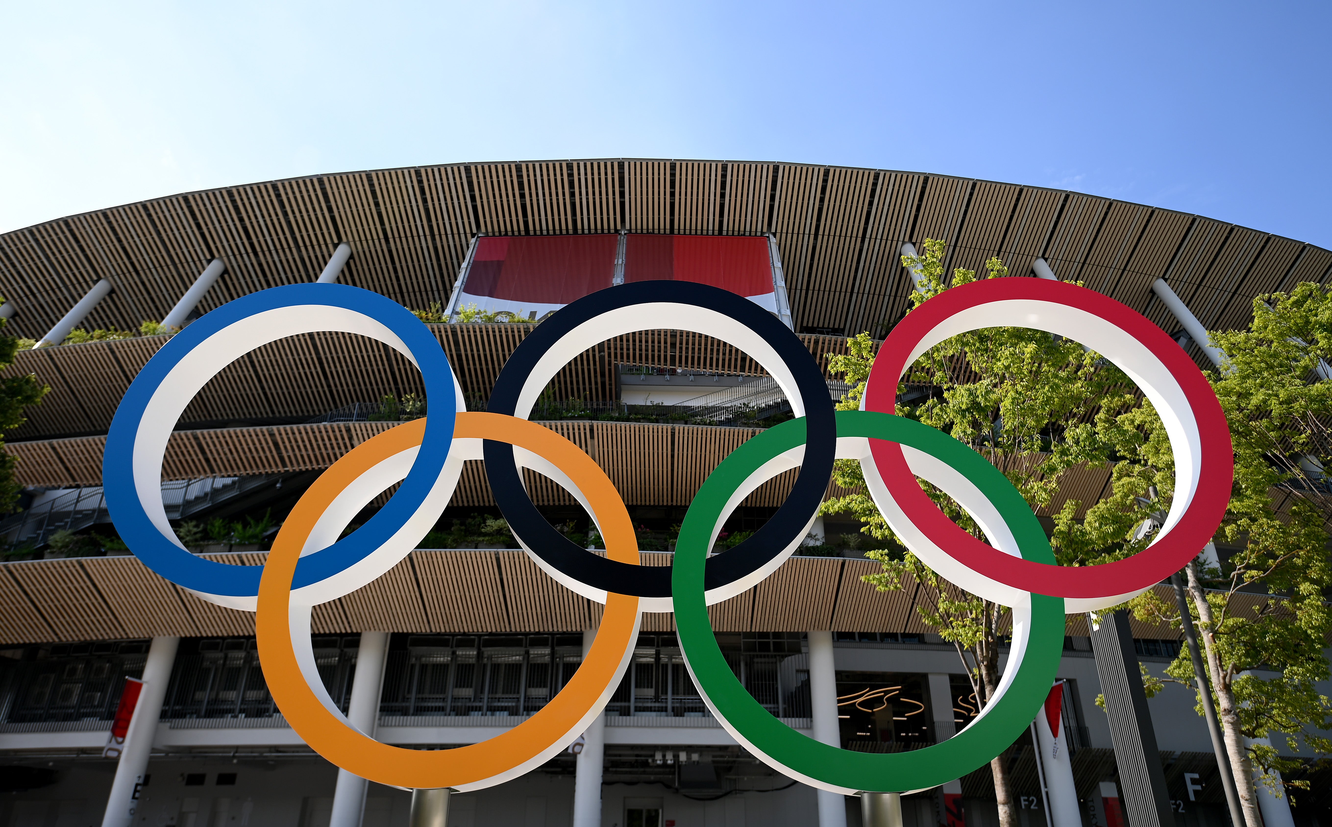 The Olympic rings outside of the stadium prior to the opening ceremony