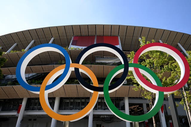 <p>The Olympic rings outside of the stadium prior to the opening ceremony</p>