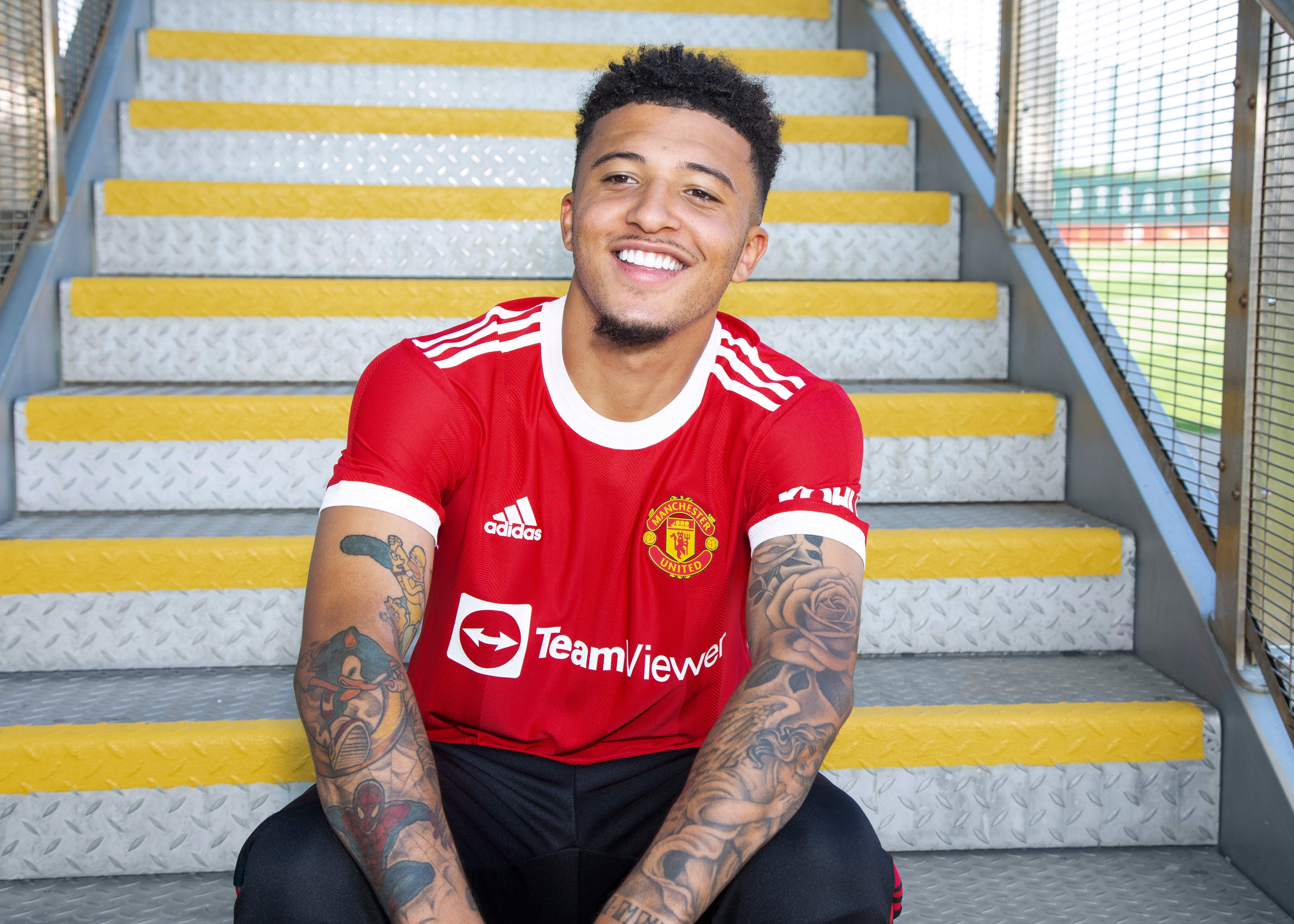 New signing Jadon Sancho of Manchester United is unveiled at the Carrington Training Ground