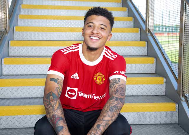 <p>New signing Jadon Sancho of Manchester United is unveiled at the Carrington Training Ground</p>