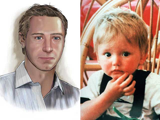 <p>How Ben might have looked in 2012, and a family photo of the toddler</p>