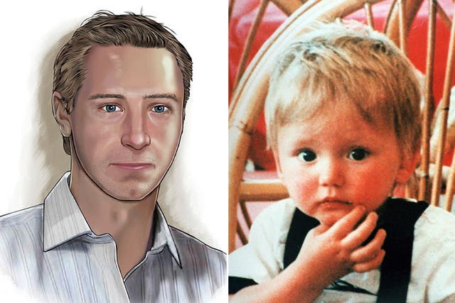 <p>How Ben might have looked in 2012, and a family photo of the toddler</p>