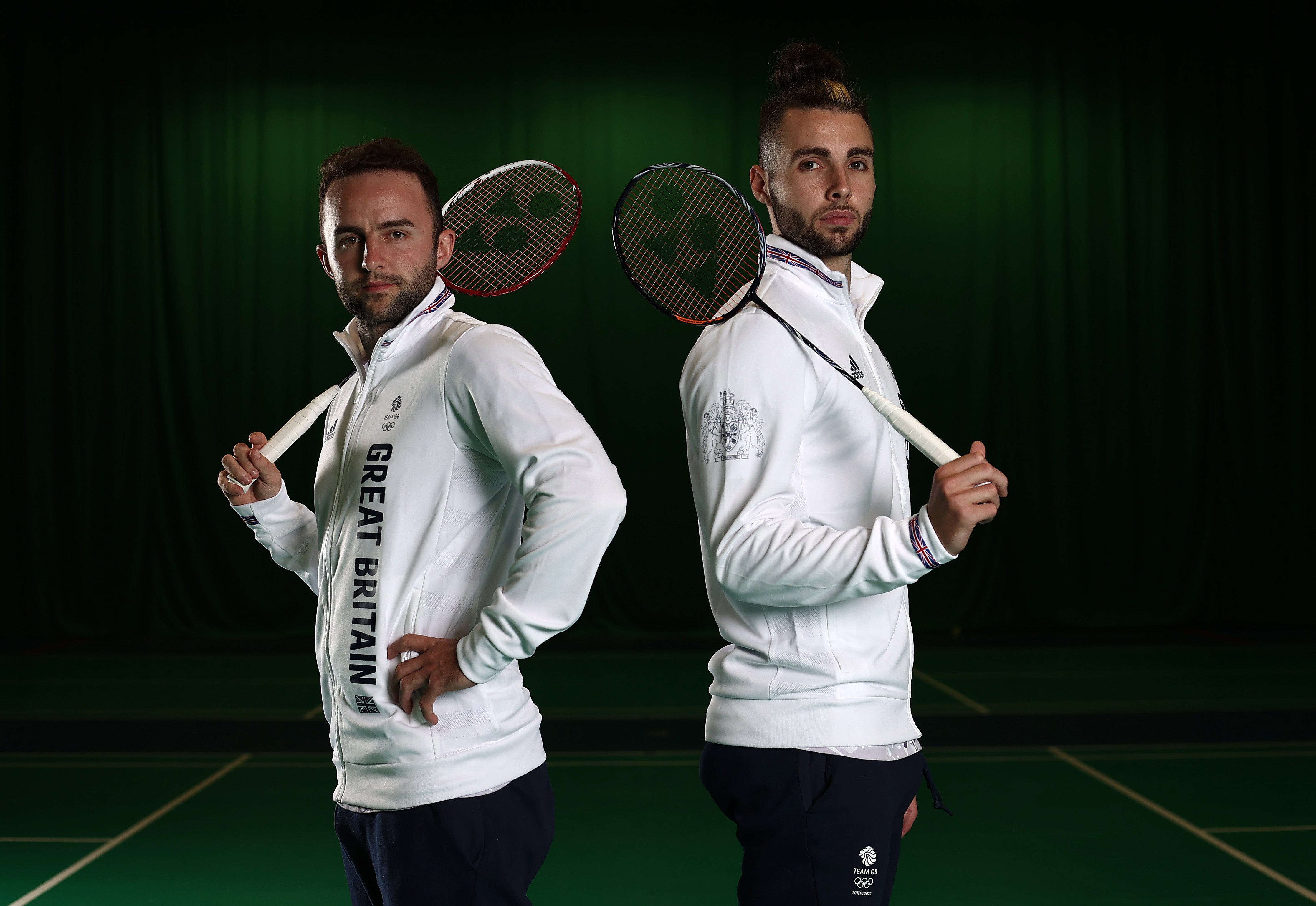 Ben Lane (L) and Sean Vendy (R) of Great Britain pose for a photo to mark the official announcement of the Badminton team selected to Team GB for the Tokyo 2020 Olympic Games at the National Badminton Centre on 28 June 2021 in Milton Keynes, England